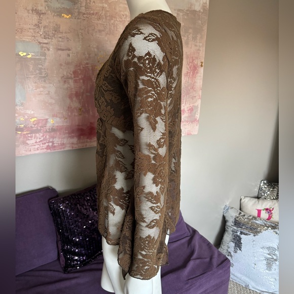 Y2K Costa Blanca‎ Brown Lace V-Neck Top with Long Sleeves and Flair Bottom Sm - Picture 6 of 9
